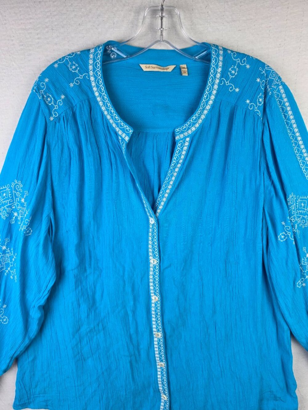 Soft Surroundings Imane Gauze Tunic Embroidered Crinkled Blue size 1X Resortwear - Picture 5 of 16